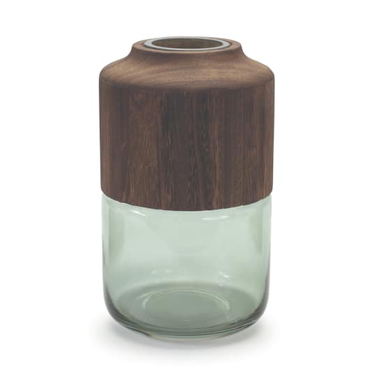 11" Sage Glass Vase with Wood Accent
